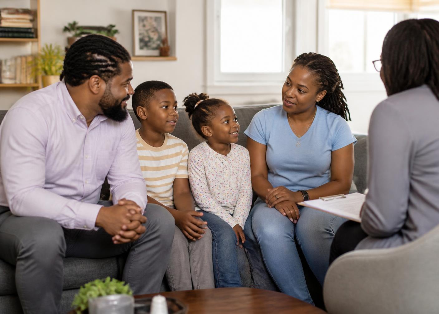 A family talking with a counselor in a warm, sunlit room