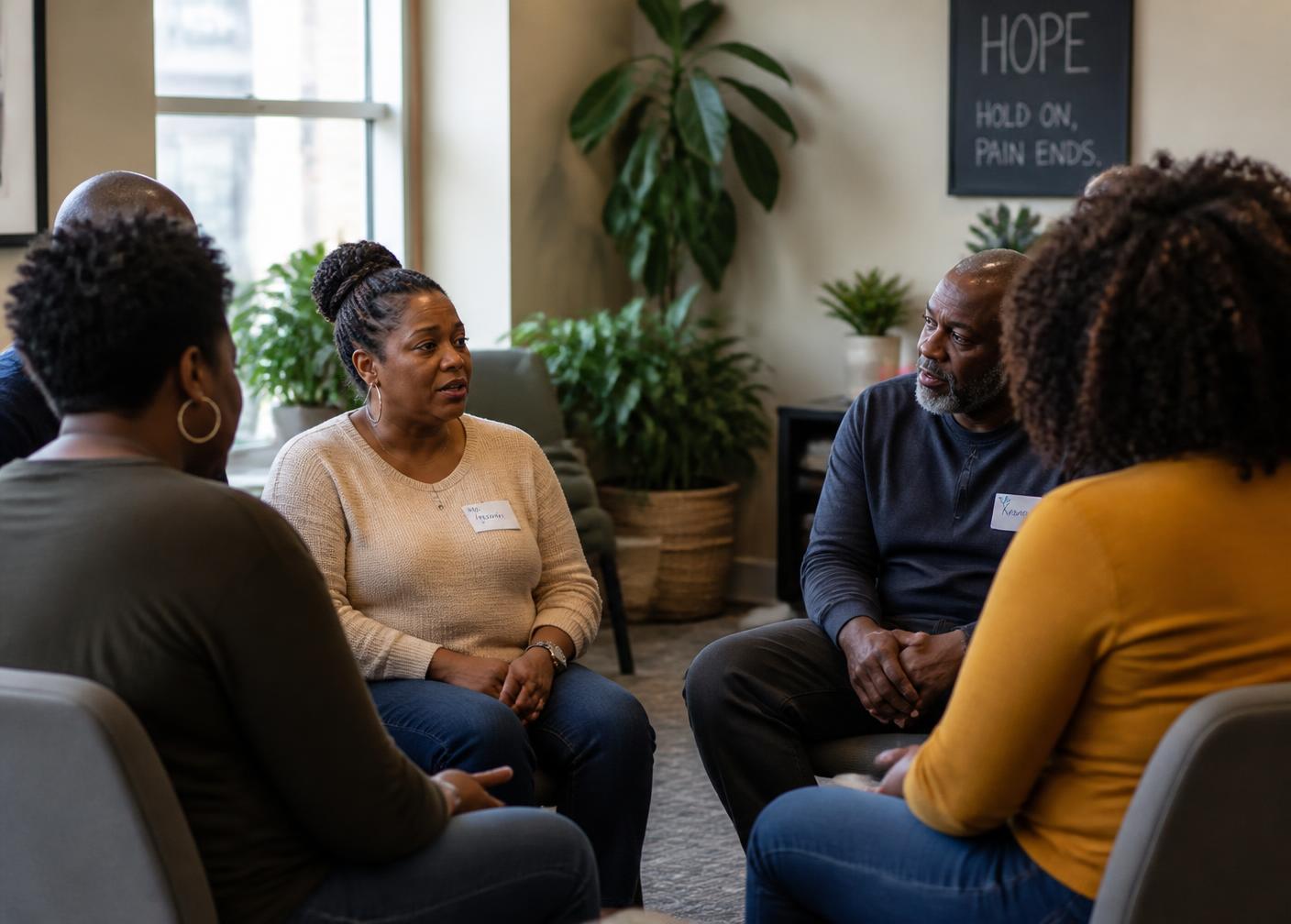 A supportive group session in a bright community room