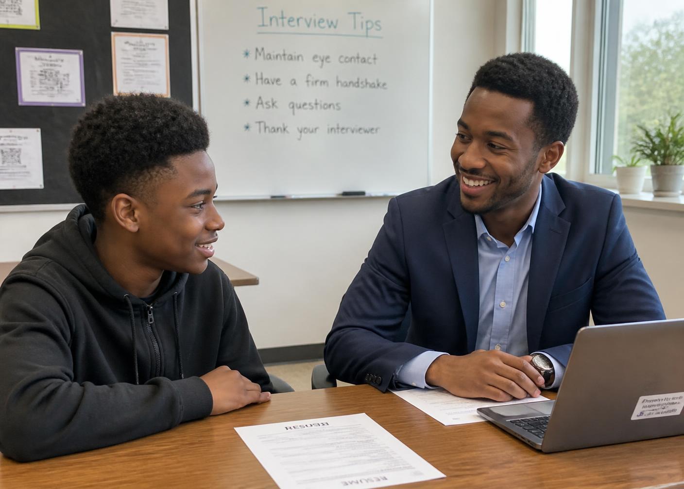 A student practicing a mock job interview with a mentor